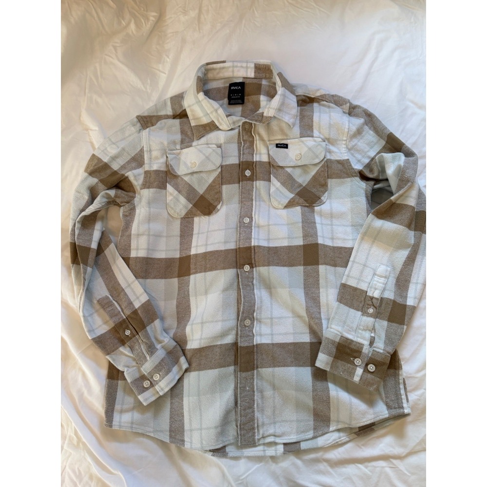 RVCA Men's M Plaid Button-Up Shirt Long Sleeve Regular Fit Pockets White Tan